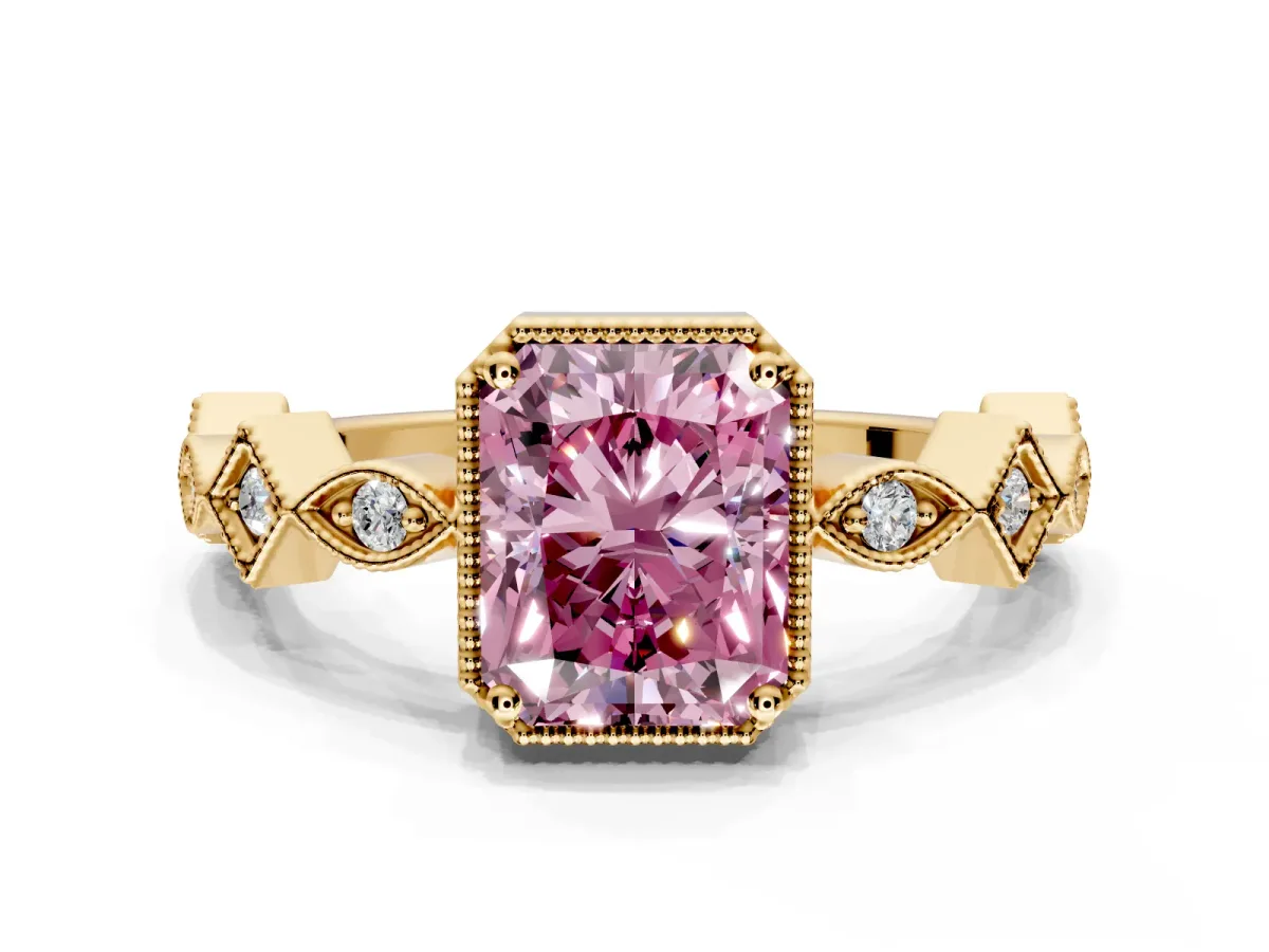 Milgrain Bezel Engagement Ring Setting for Fancy Pink Radiant Cut Center with Marquise Stations and Bezel Head in Yellow Gold