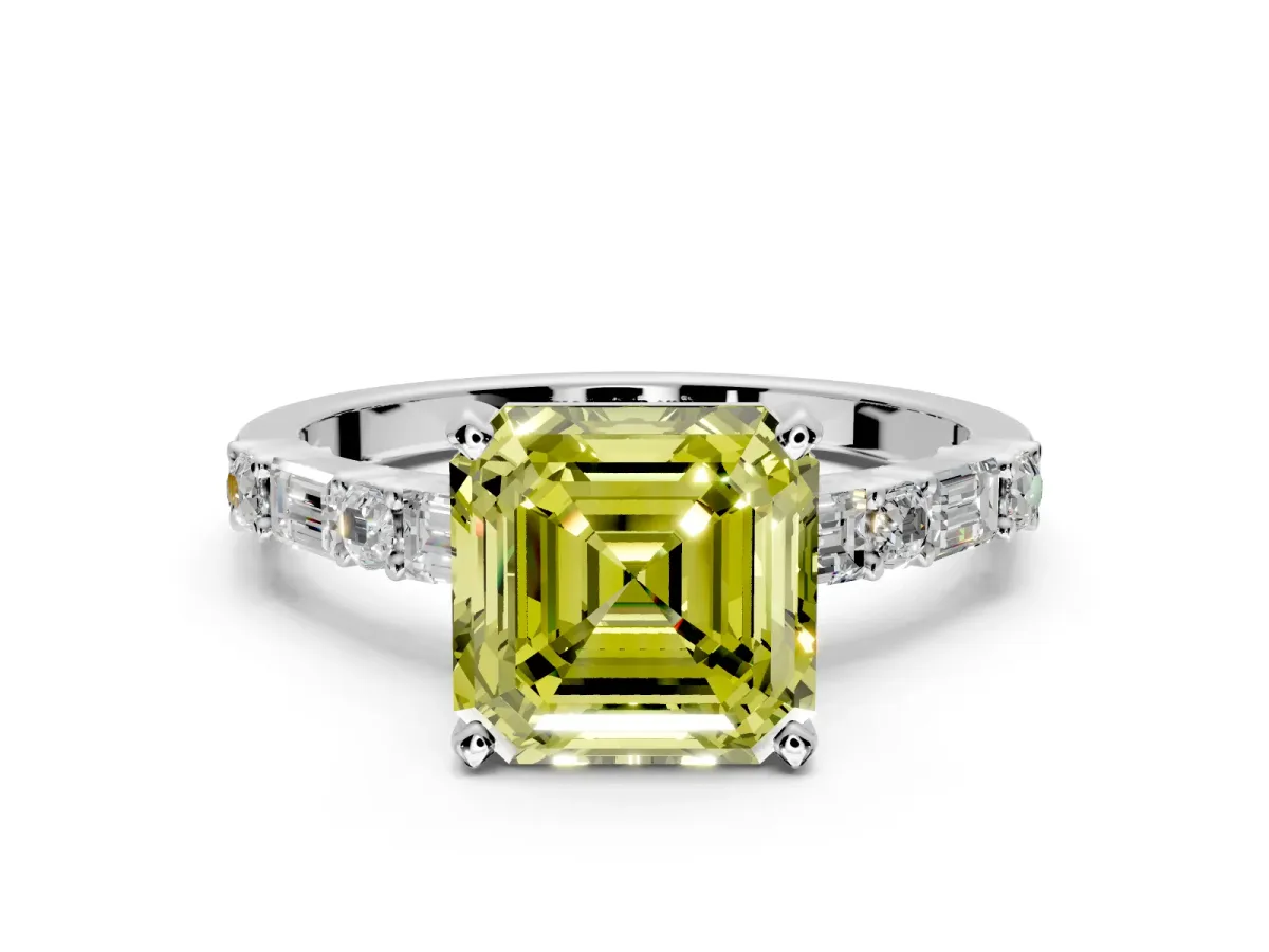Baguette Engagement Ring Setting for Fancy Yellow Asscher Cut Center with Alternating Bar-Set Band and Prong Head in Sterling Silver