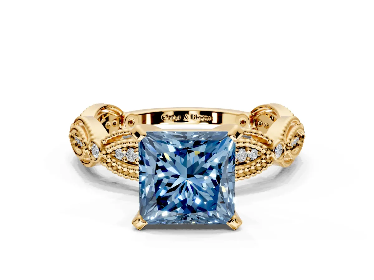 Solitaire Engagement Ring Setting for Fancy Blue Princess Cut Center with Marquise Panel Band and Prong Head in Yellow Gold