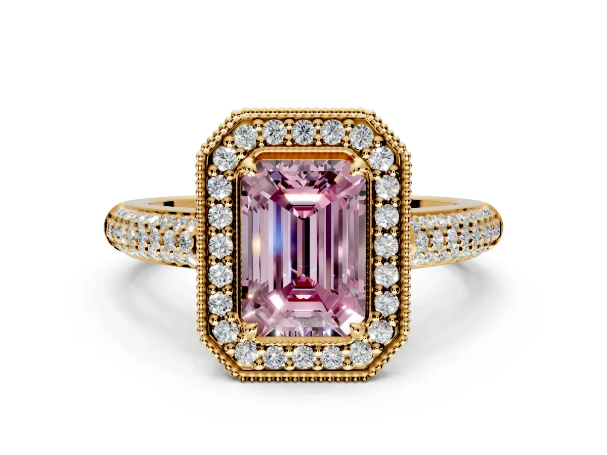 Milgrain Halo Engagement Ring Setting for Fancy Pink Emerald Cut Center with Three-Sided Pave Band and Prong Head in Yellow Gold