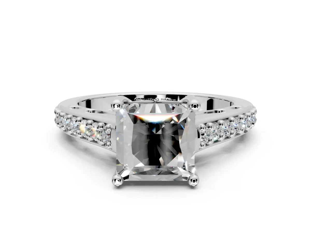 Solitaire Engagement Ring Setting for Princess Cut Center with Pave Cathedral Band and Prong Head in White Gold