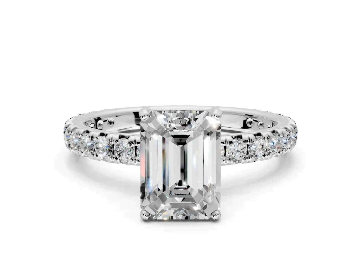 Solitaire Engagement Ring Setting for Emerald Cut Center with Shared-Prong Accents and Prong Head in Platinum