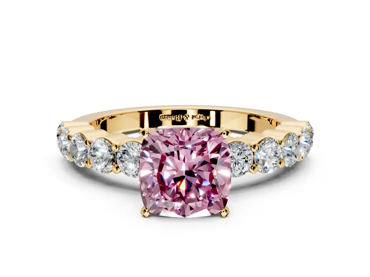 Shared-Prong Engagement Ring Setting for Fancy Pink Cushion Cut Center with Graduated Accents and Prong Head in Yellow Gold