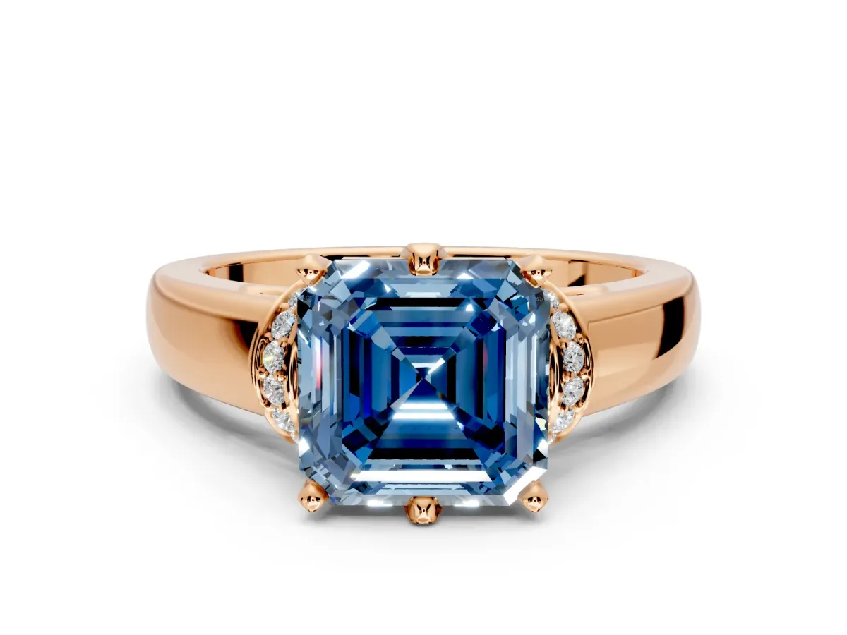 Solitaire Engagement Ring Setting for Fancy Blue Asscher Cut Center with Wide Band, Pave Collar and Prong Head in Rose Gold