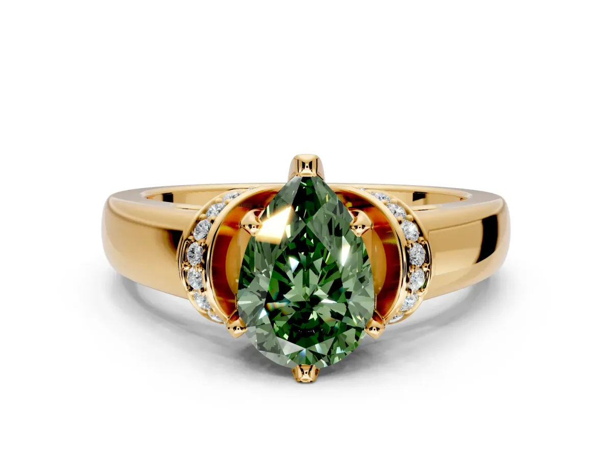 Solitaire Engagement Ring Setting for Fancy Green Pear-Shaped Center with Wide Band, Pave Collar and Prong Head in Yellow Gold