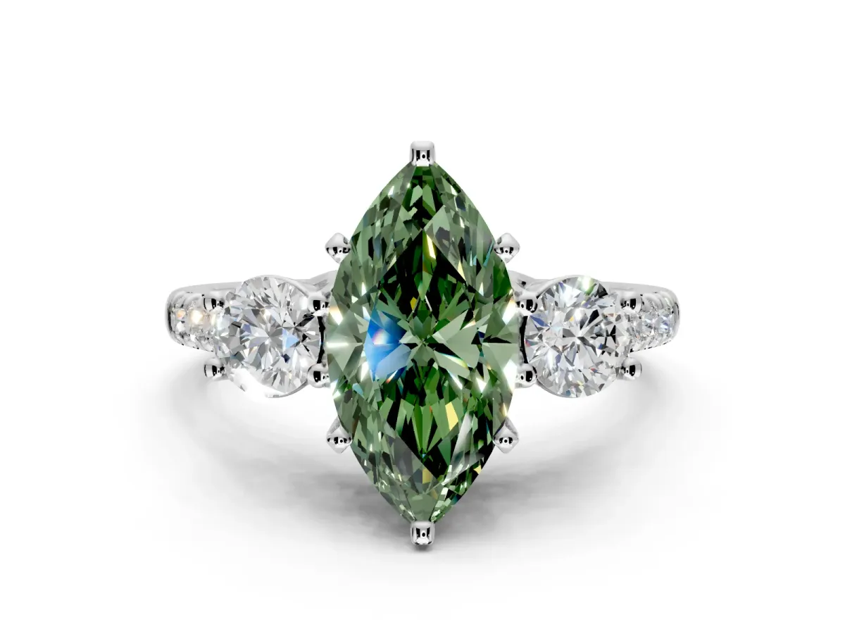 3 Stone Engagement Ring Setting for Fancy Green Marquise Center with Crossover Basket, Pave Band and Prong Head in Sterling Silver