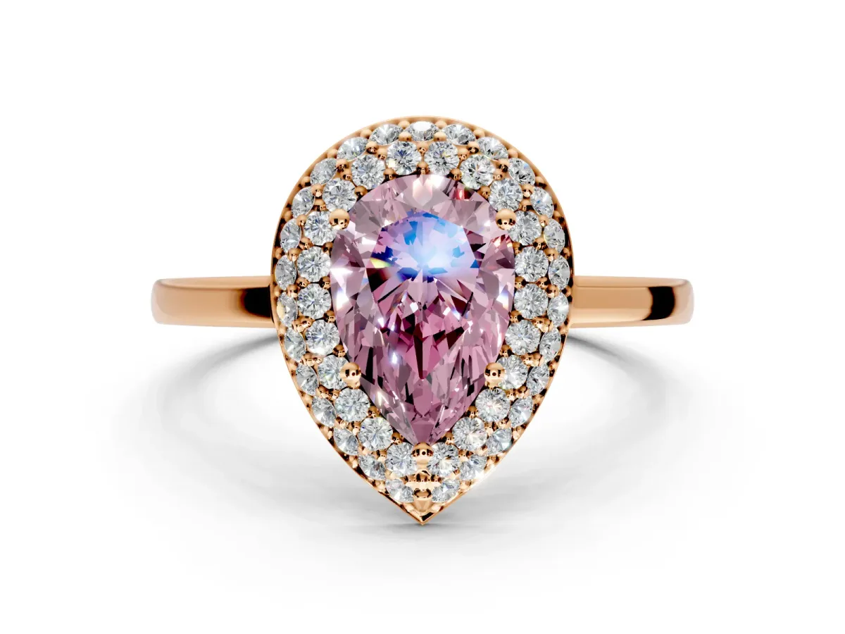 Halo Engagement Ring Setting for Fancy Pink Pear-Shaped Center with Plain Tapered Band and Prong Head in Rose Gold