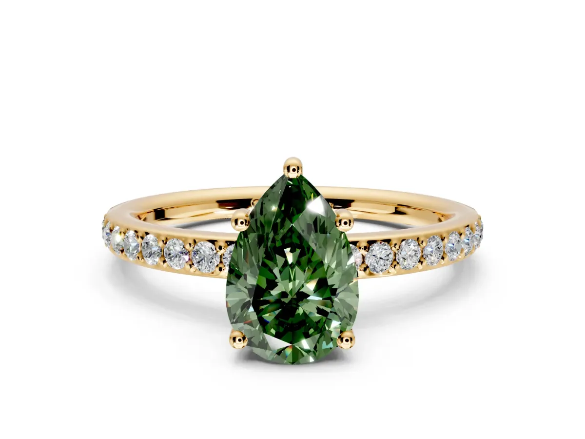 Solitaire Engagement Ring Setting for Fancy Green Pear-Shaped Center with Fine Pave Band and Prong Head in Yellow Gold