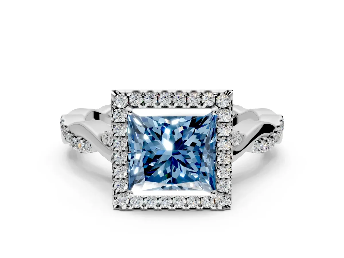 Halo Engagement Ring Setting for Fancy Blue Princess Cut Center with Twist Band and Prong Head in White Gold
