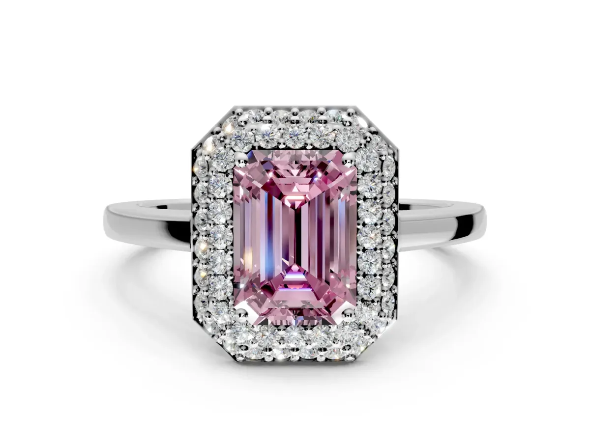 Halo Engagement Ring Setting for Fancy Pink Emerald Cut Center with Plain Tapered Band and Prong Head in Platinum