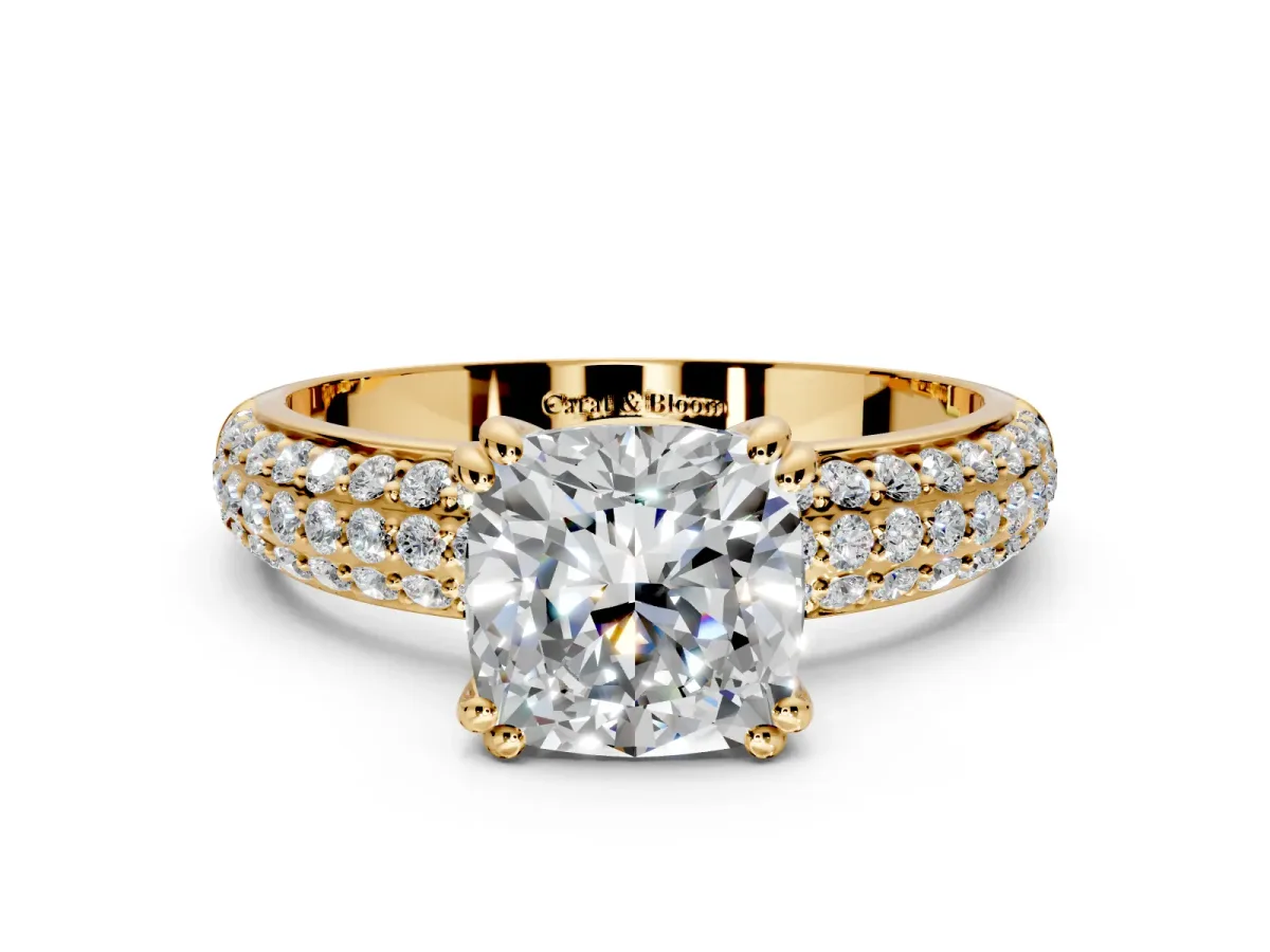 Solitaire Engagement Ring Setting for Cushion Cut Center with Multi-Row Pave Accents and Basket Head in Yellow Gold