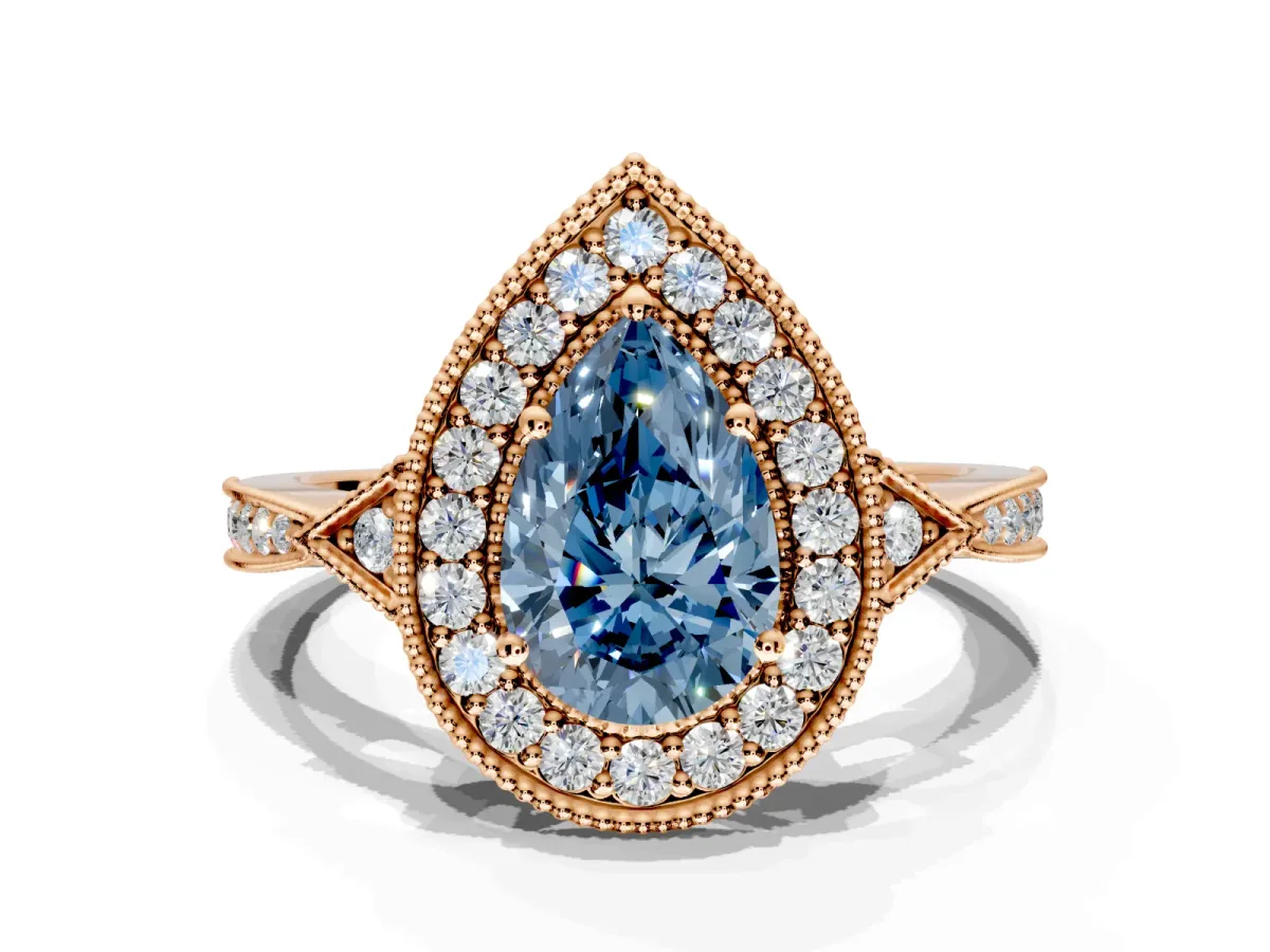 Halo Engagement Ring Setting for Fancy Blue Pear-Shaped Center with Milgrain Rim, Pave Band and Prong Head in Rose Gold