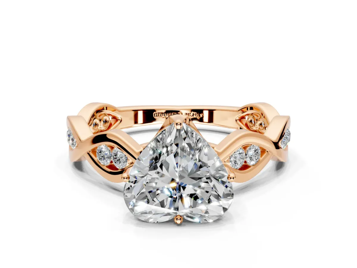 Solitaire Engagement Ring Setting for Heart-Shaped Center with Accented Twist Band and Leaf Prong Head in Rose Gold