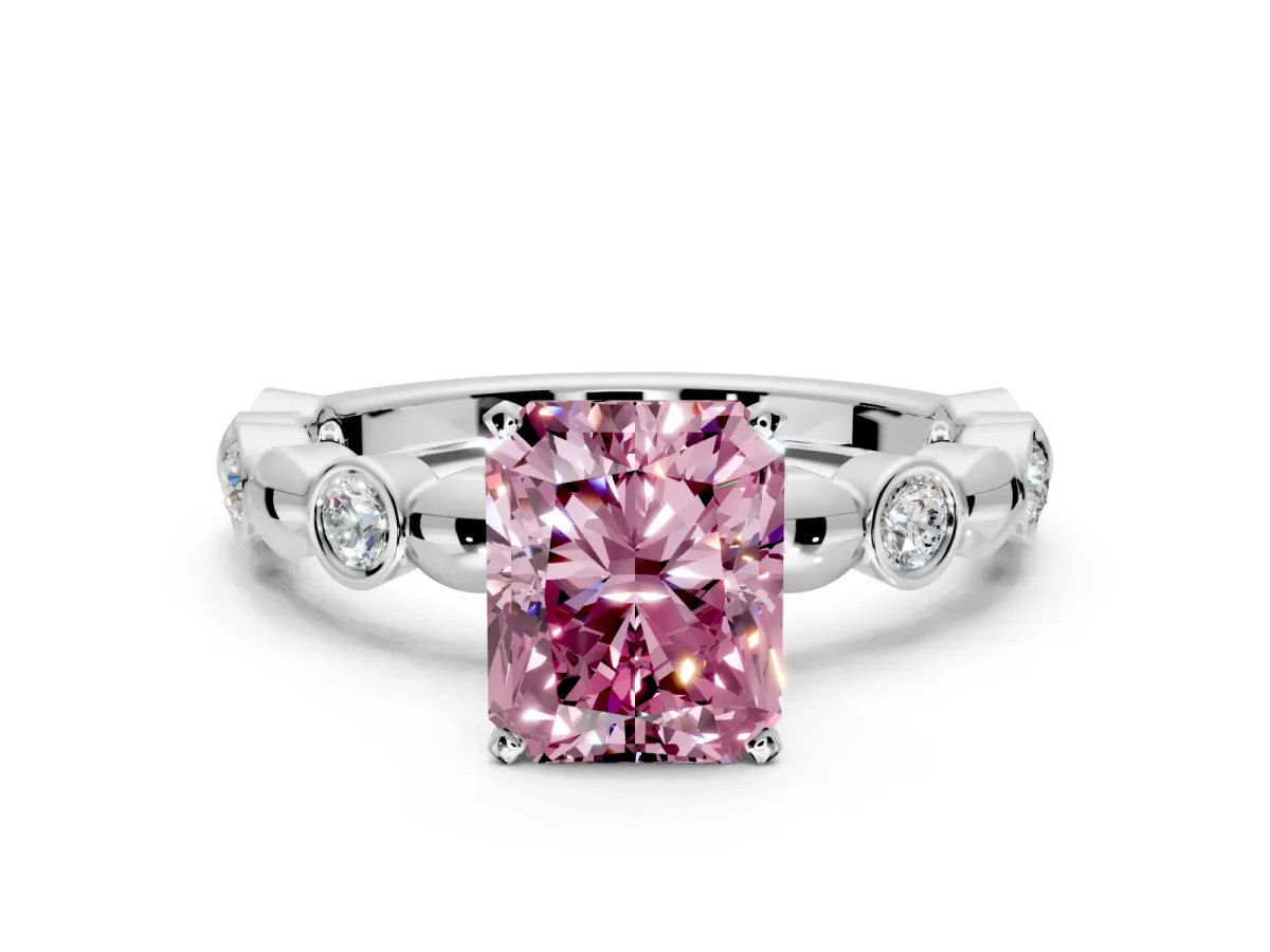 Solitaire Engagement Ring Setting for Fancy Pink Radiant Cut Center with Beaded Bezel Station Band and Prong Head in Sterling Silver
