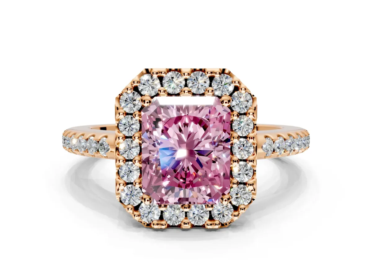 Pave Halo Engagement Ring Setting for Fancy Pink Radiant Cut Center with Single Row Pave Band and Prong Head in Rose Gold