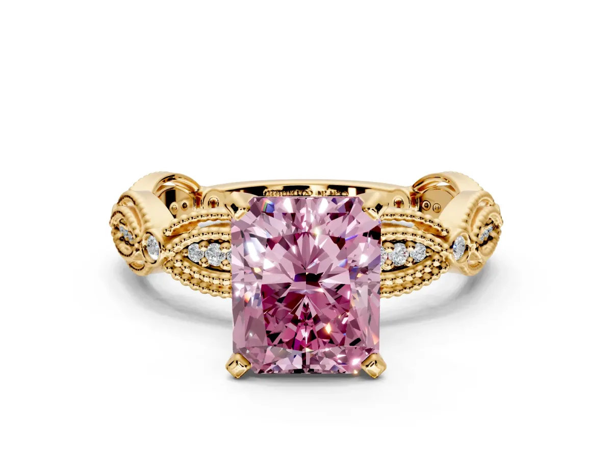 Solitaire Engagement Ring Setting for Fancy Pink Radiant Cut Center with Marquise Panel Band and Prong Head in Yellow Gold
