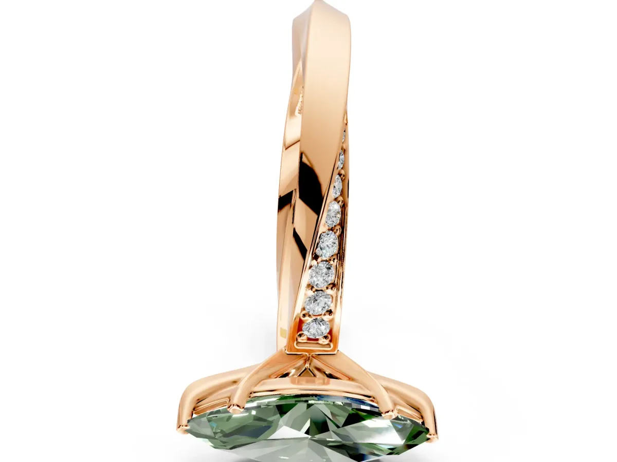 Side Accent Engagement Ring Setting for Fancy Green Marquise Center with Accent Shoulders and Prong Head in Rose Gold
