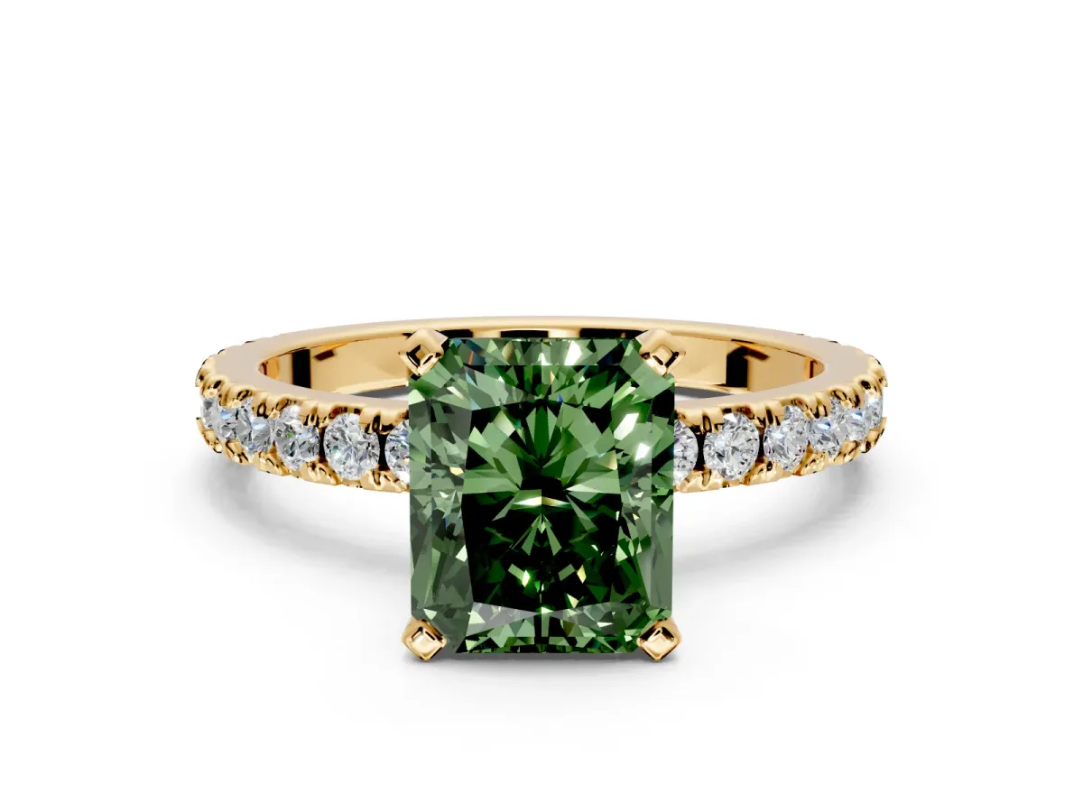 Solitaire Engagement Ring Setting for Fancy Green Radiant Cut Center with Fine Pave Band and Claw Prong Head in Yellow Gold