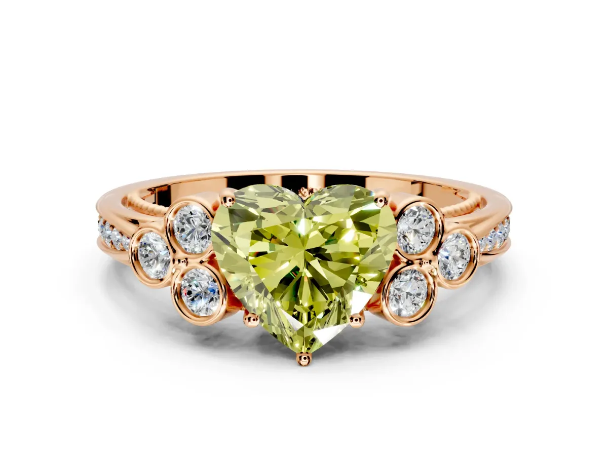 Cluster Engagement Ring Setting for Fancy Yellow Heart-Shaped Center with Bezel Accent Clusters and Prong Head in Rose Gold