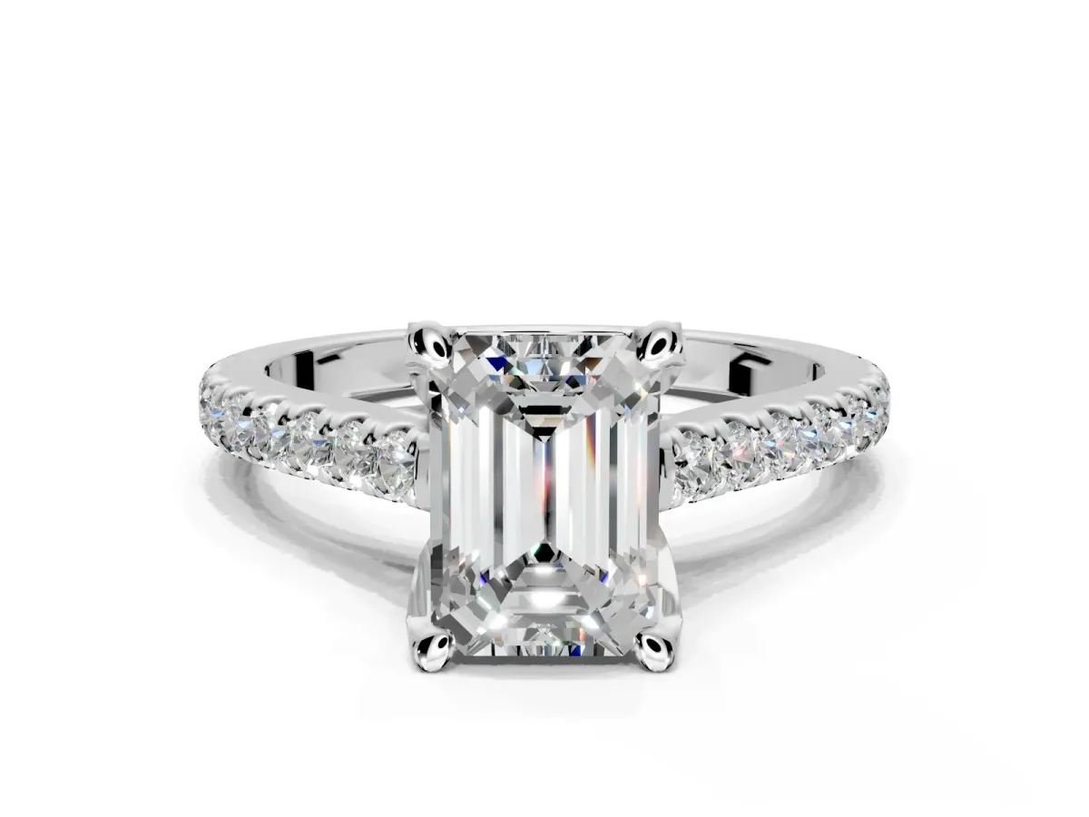 Solitaire Engagement Ring Setting for Emerald Cut Center with Widening Pave Band and Claw Prong Head in Sterling Silver