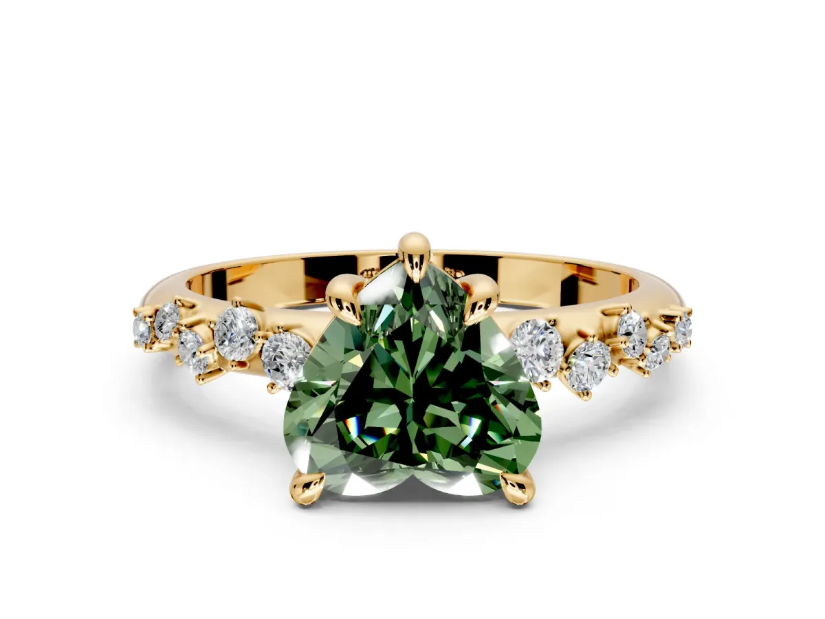 Solitaire Engagement Ring Setting for Fancy Green Heart-Shaped Center with Trailing Leaf Accent Band and Prong Head in Yellow Gold
