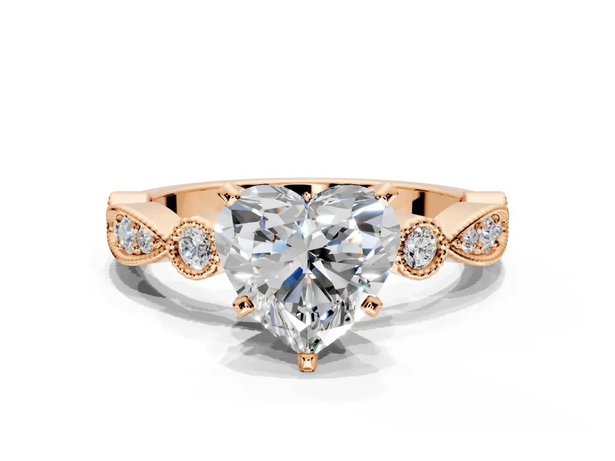 Solitaire Engagement Ring Setting for Heart-Shaped Center with Milgrain Bezel Accents and Prong Head in Rose Gold