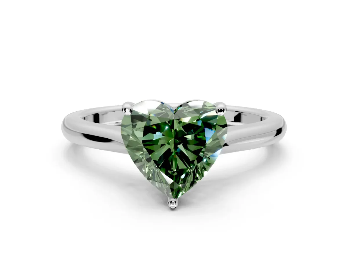 Solitaire Engagement Ring Setting for Fancy Green Heart-Shaped Center with Narrow Cathedral Band and Prong Head in White Gold