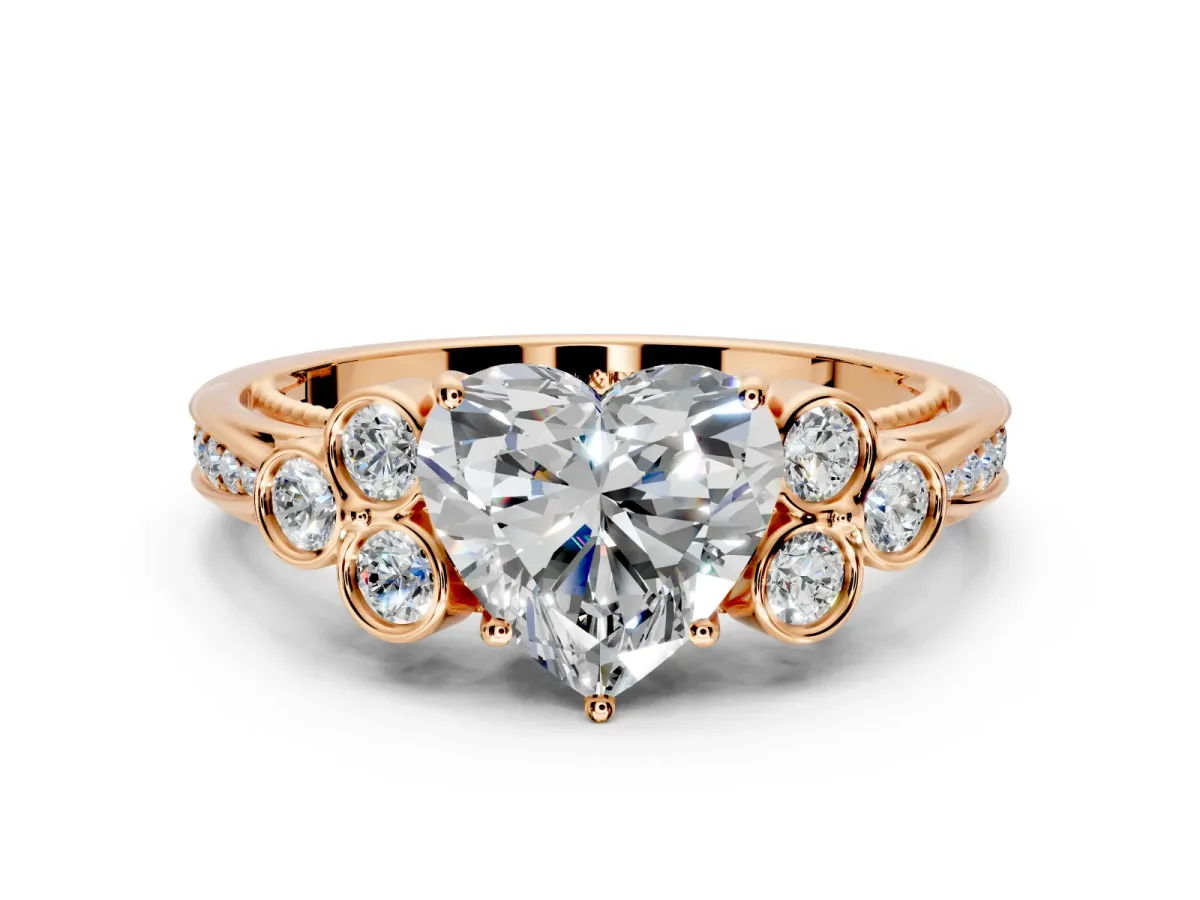 Cluster Engagement Ring Setting for Heart-Shaped Center with Bezel Accent Clusters and Prong Head in Rose Gold
