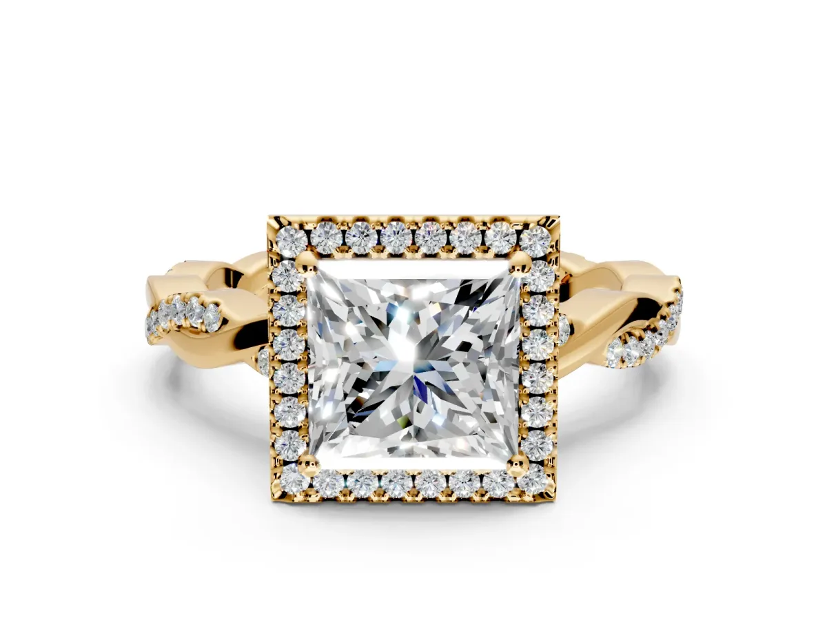 Halo Engagement Ring Setting for Princess Cut Center with Pave and Plain Twist Band and Prong Head in Yellow Gold