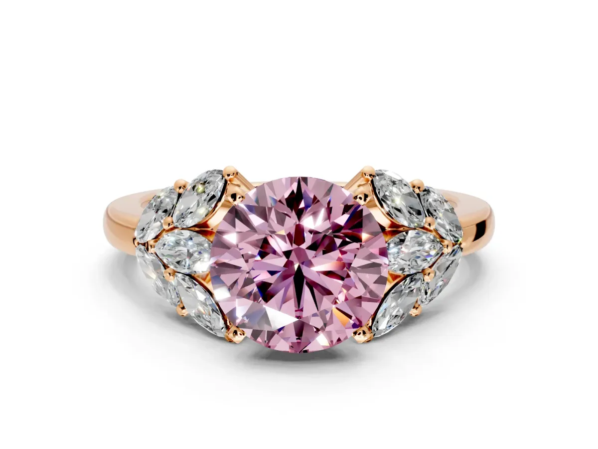 Leaf Cluster Engagement Ring Setting for Fancy Pink Round Cut Center with Marquise Accents and Prong Head in Rose Gold