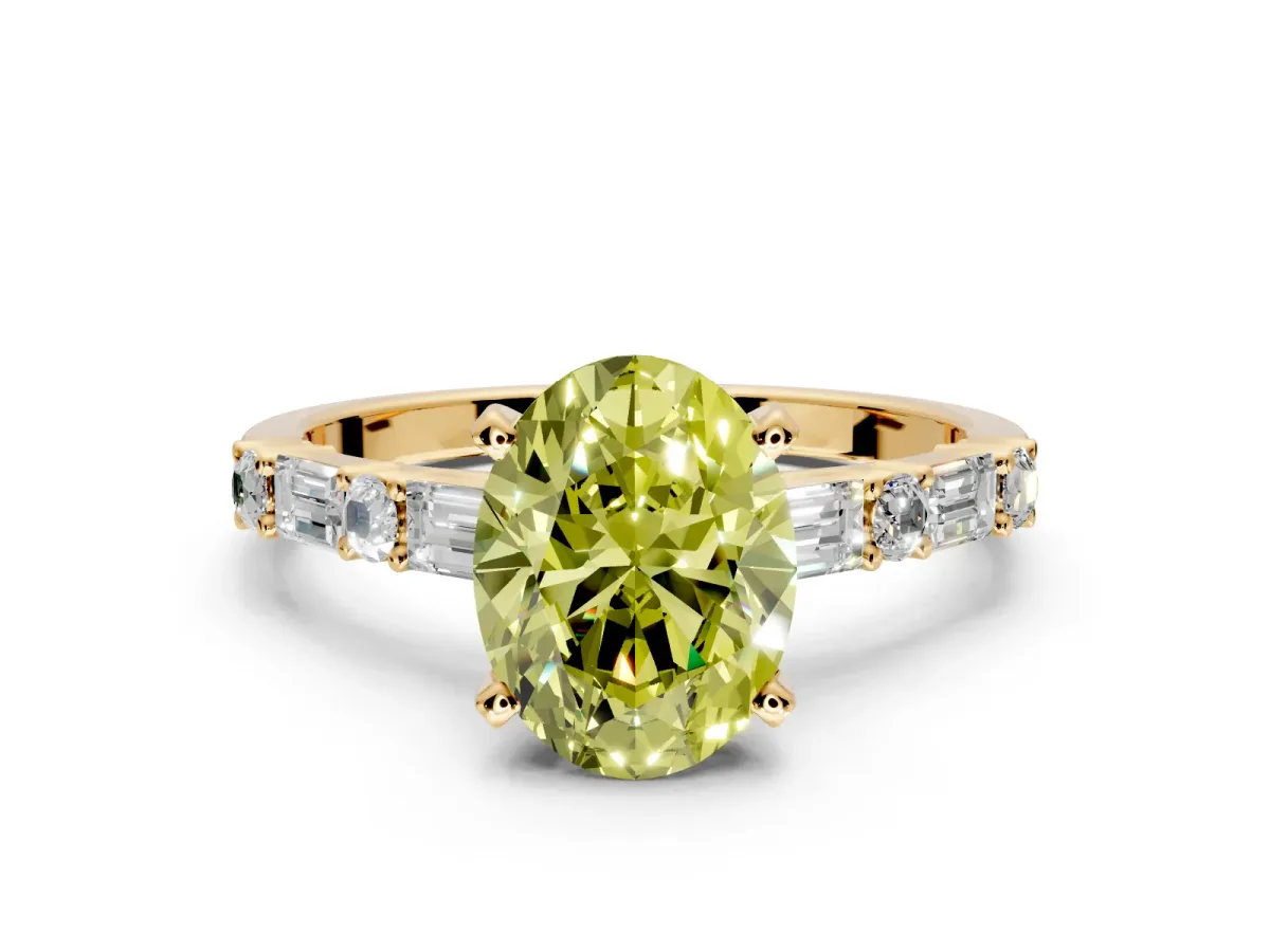Baguette Engagement Ring Setting for Fancy Yellow Oval Center with Alternating Bar-Set Band and Prong Head in Yellow Gold