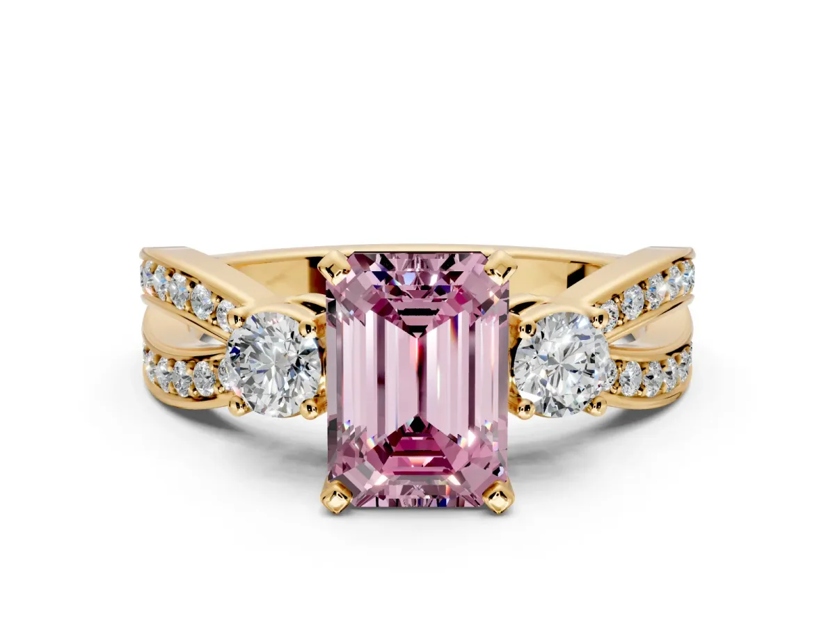 3 Stone Engagement Ring Setting for Fancy Pink Emerald Cut Center with Pave Twist Band and Prong Head in Yellow Gold