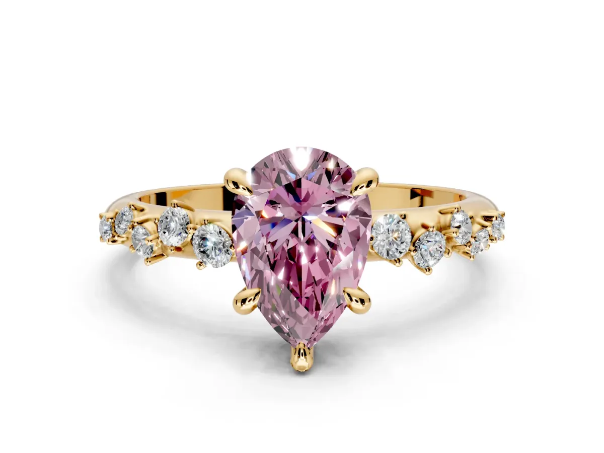 Solitaire Engagement Ring Setting for Fancy Pink Pear-Shaped Center with Trailing Leaf Accent Band and Prong Head in Yellow Gold
