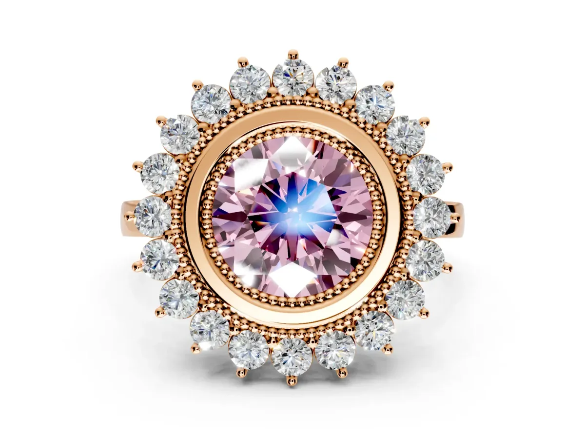 Halo Engagement Ring Setting for Fancy Pink Round Cut Center with Milgrain Bezel Rim, Plain Band and Prong Head in Rose Gold