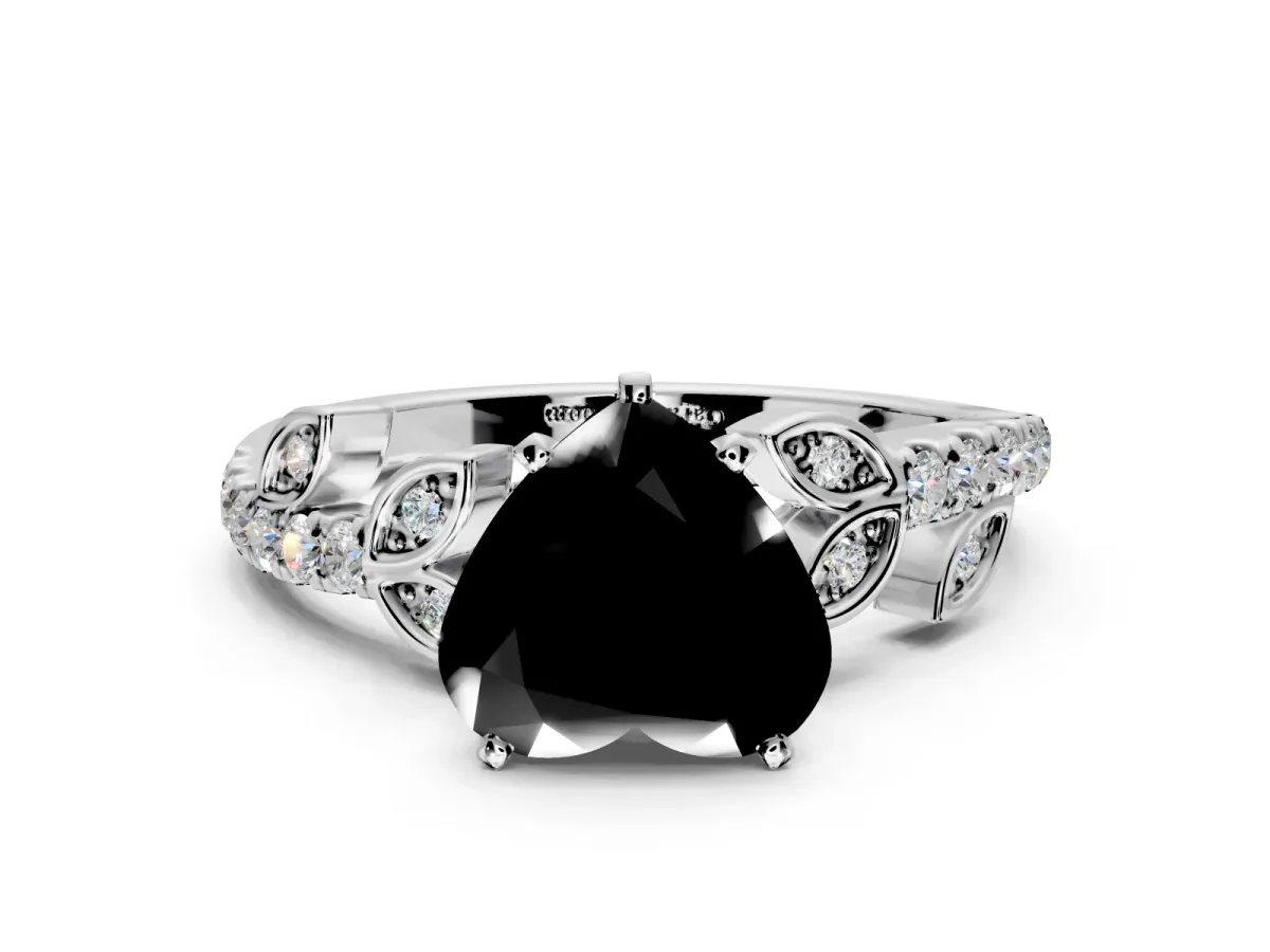 Leaf Motif Engagement Ring Setting for Fancy Black Heart-Shaped Center with Pave Band and Prong Head in Platinum