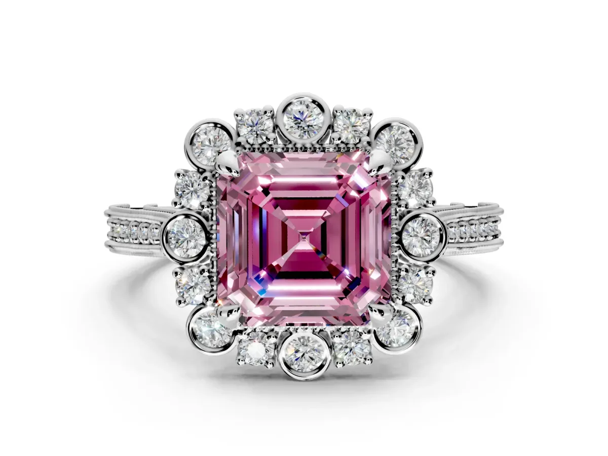 Milgrain Halo Engagement Ring Setting for Fancy Pink Asscher Cut Center with Bezel Point Accents and Prong Head in White Gold