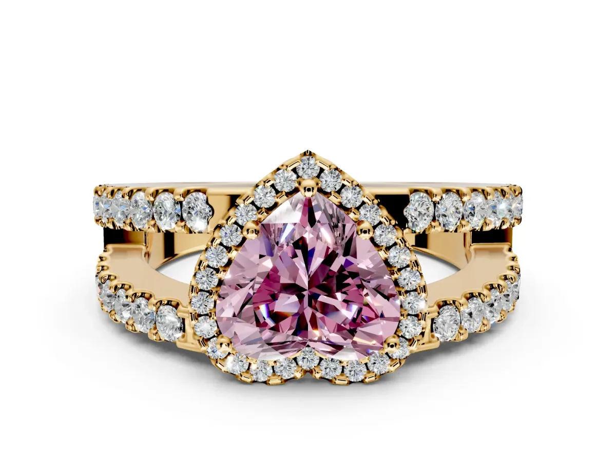 Halo Engagement Ring Setting for Fancy Pink Heart-Shaped Center with Wide-Open Pave Split Shank and Prong Head in Yellow Gold