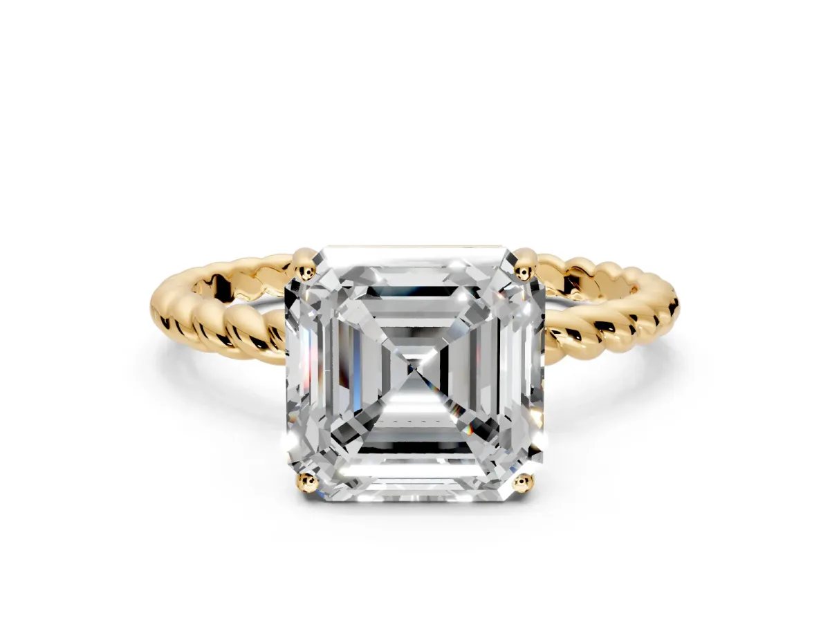 Solitaire Engagement Ring Setting for Asscher Cut Center with Plain Twisted Rope Band and Prong Head in Yellow Gold