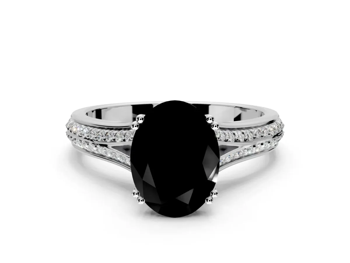 Solitaire Engagement Ring Setting for Fancy Black Oval Center with Pave Rail Split Shank and Prong Head in Sterling Silver