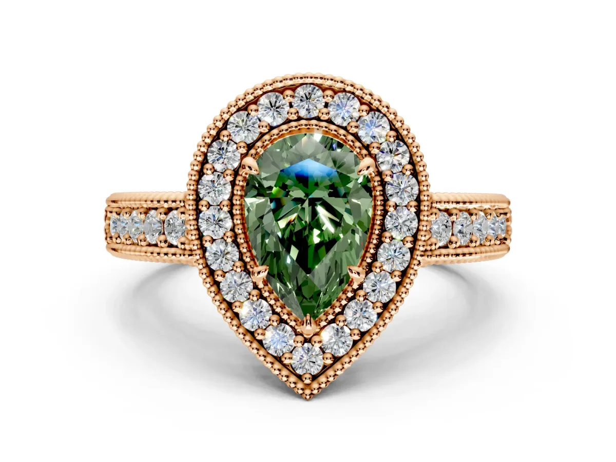 Milgrain Halo Engagement Ring Setting for Fancy Green Pear-Shaped Center with Pave Band and Prong Head in Rose Gold