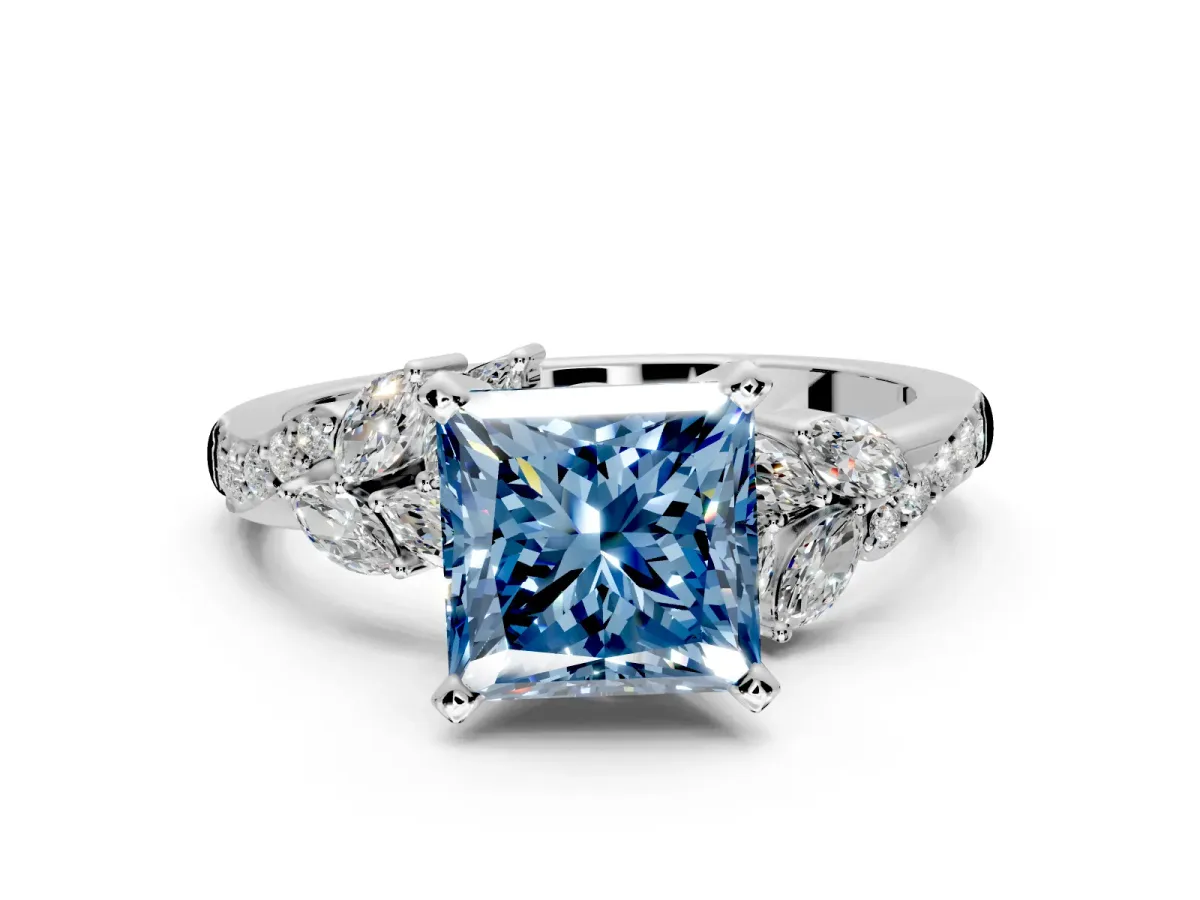 Solitaire Engagement Ring Setting for Fancy Blue Princess Cut Center with Marquise Accent Twist Band and Prong Head in Platinum