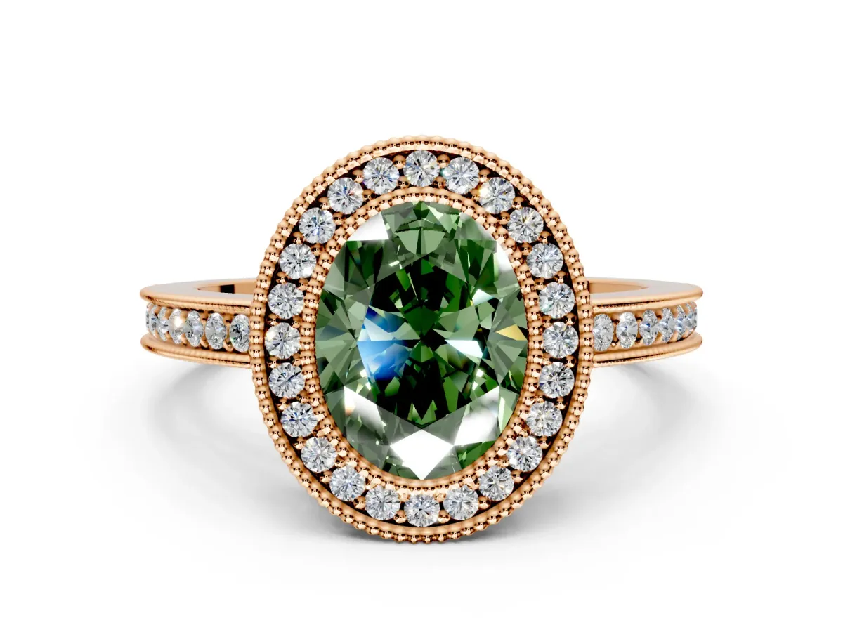 Halo Engagement Ring Setting for Fancy Green Oval Center with Milgrain Halo, Pave Band and Prong Head in Rose Gold