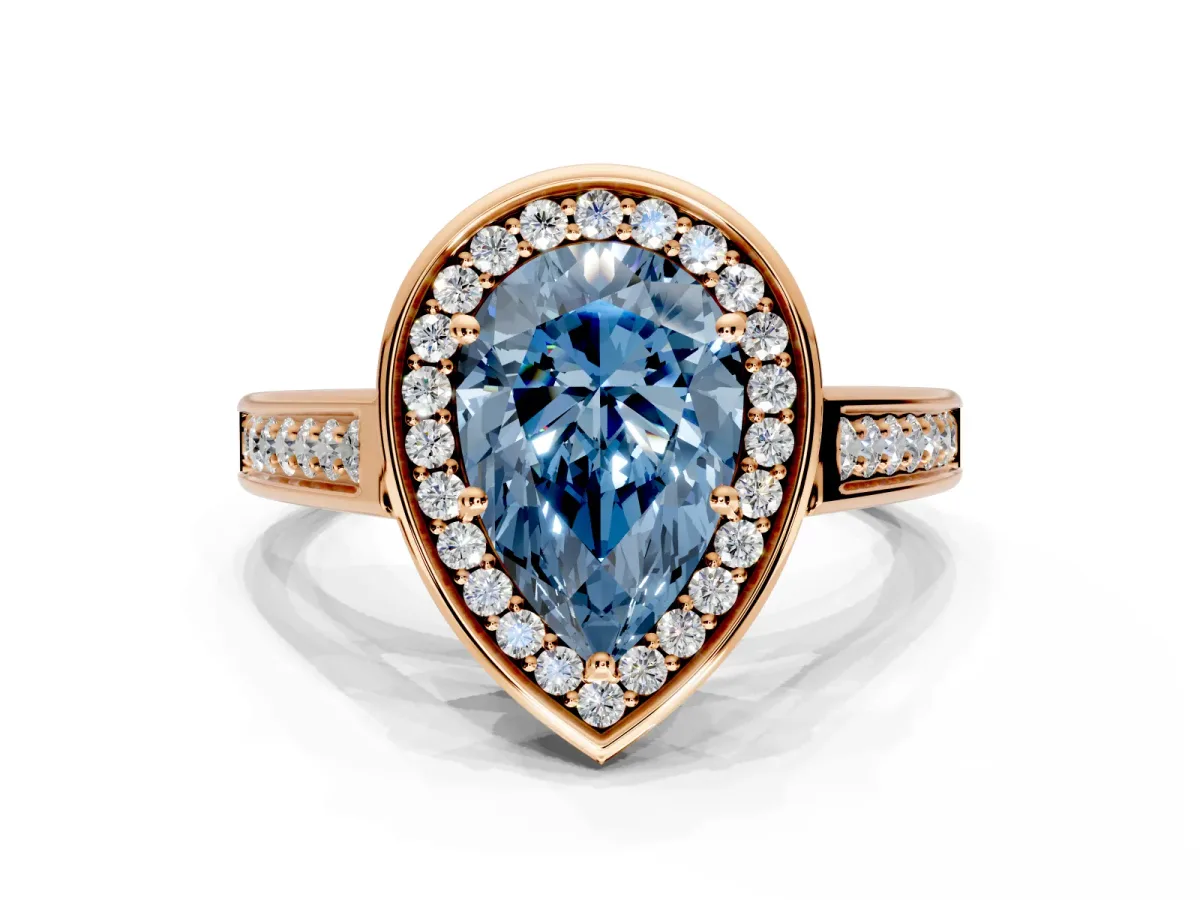 Halo Engagement Ring Setting for Fancy Blue Pear-Shaped Center with Outer Bezel Rim, Pave Band and Prong Head in Rose Gold