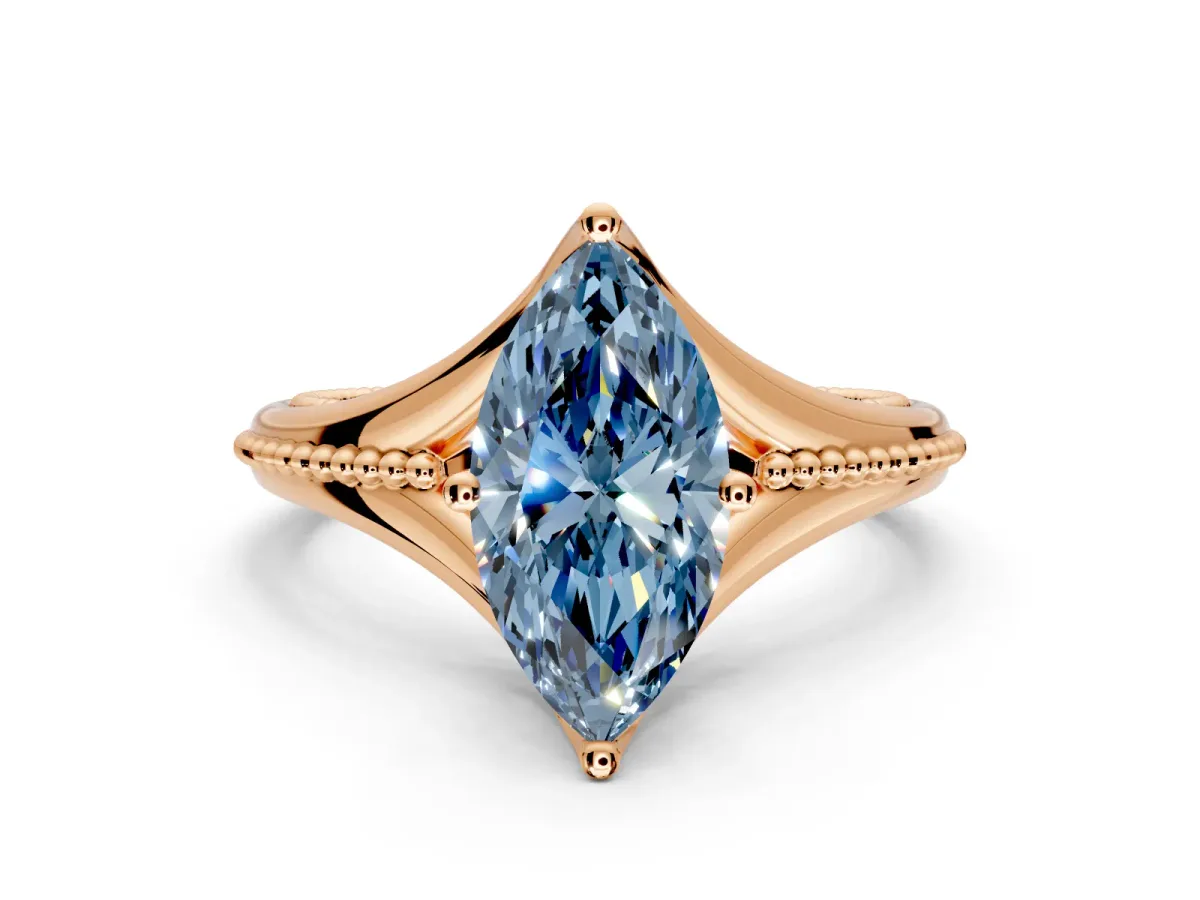 Solitaire Engagement Ring Setting for Fancy Blue Marquise Center with Milgrain Cathedral Band and Prong Head in Rose Gold