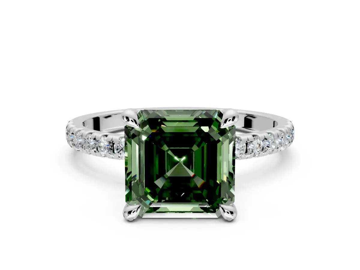 Solitaire Engagement Ring Setting for Fancy Green Asscher Cut Center with Fine Pave Narrow Band and Prong Head in White Gold