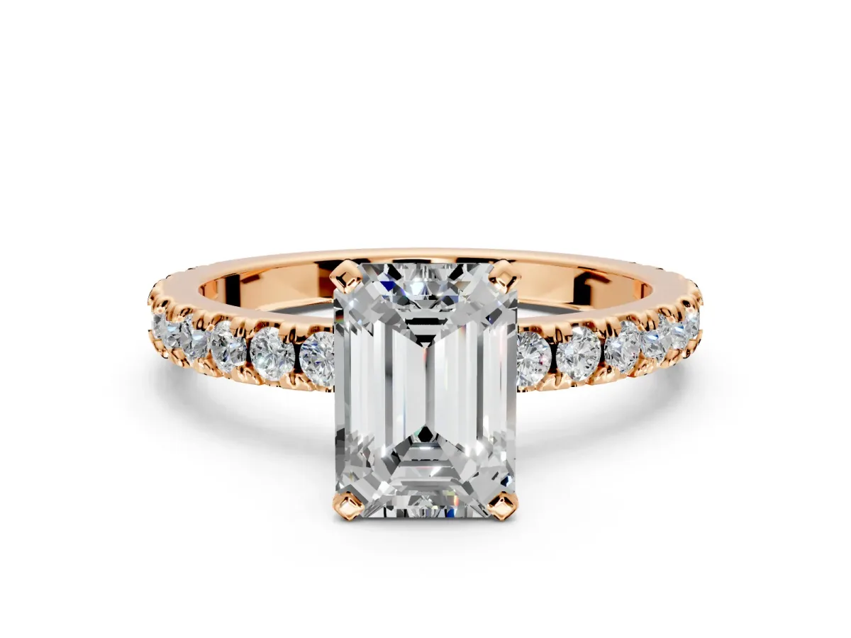 Solitaire Engagement Ring Setting for Emerald Cut Center with Fine Pave Band and Claw Prong Head in Rose Gold