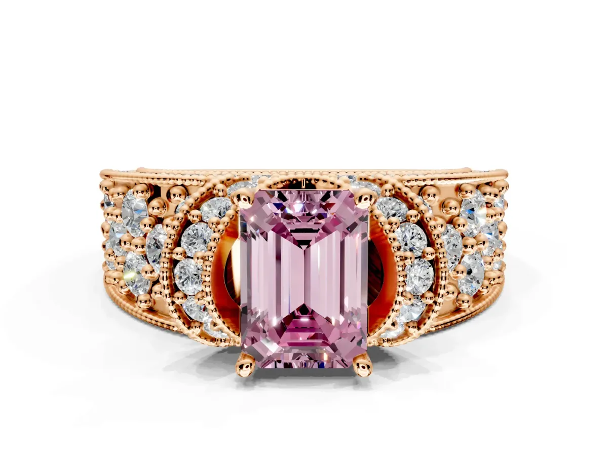 Pave Engagement Ring Setting for Fancy Pink Emerald Cut Center with Curved Accent Rows, Openwork and Prong Head in Rose Gold