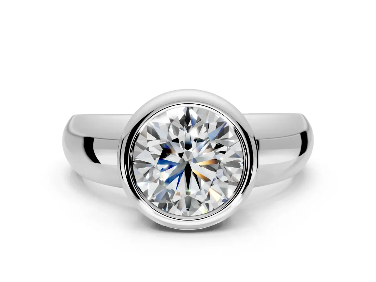 Solitaire Engagement Ring Setting for Round Cut Center with Wide Band and Bezel Head in Sterling Silver
