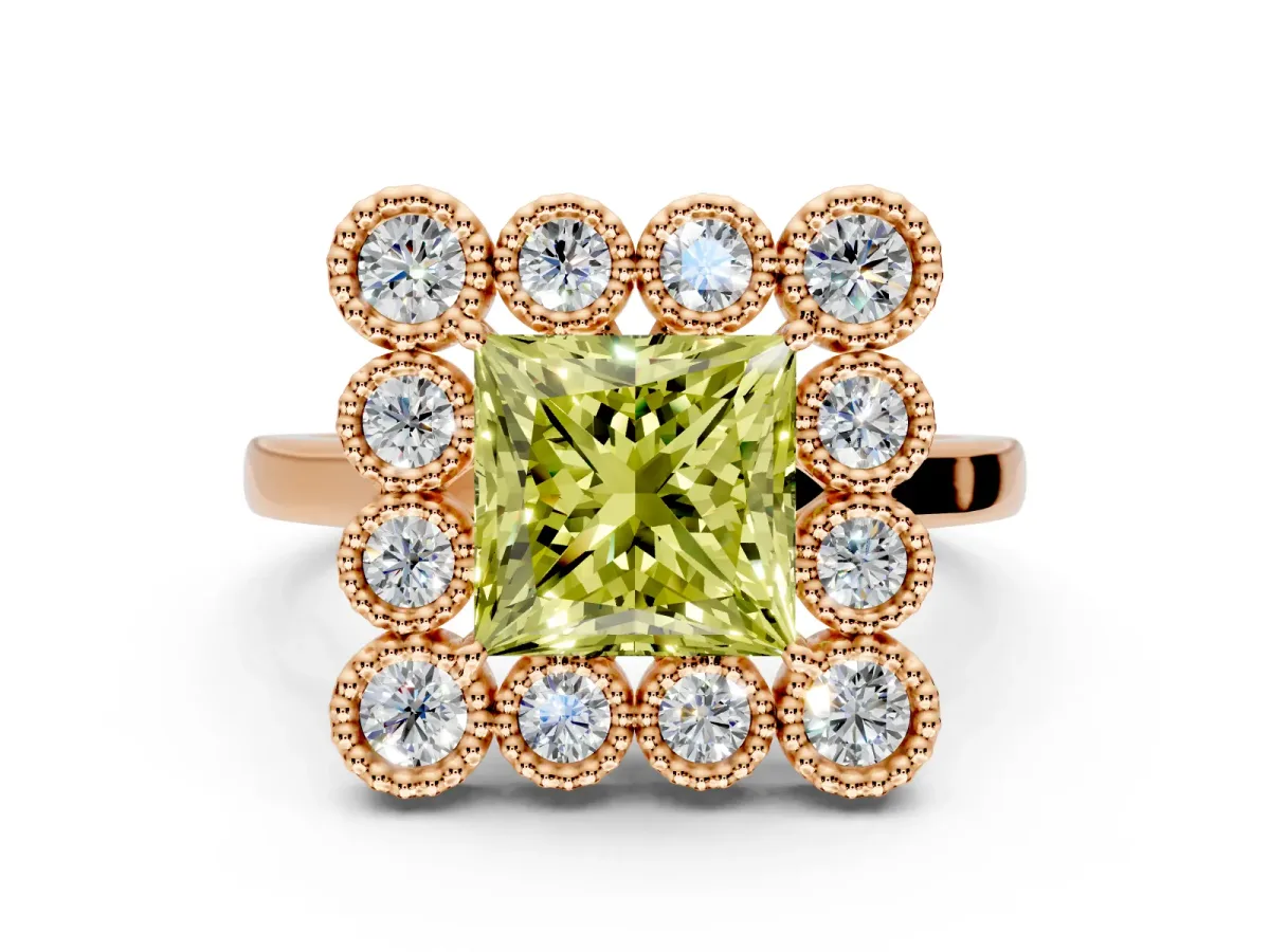 Cluster Halo Engagement Ring Setting for Fancy Yellow Princess Cut Center with Milgrain Bezel Accents and Prong Head in Rose Gold