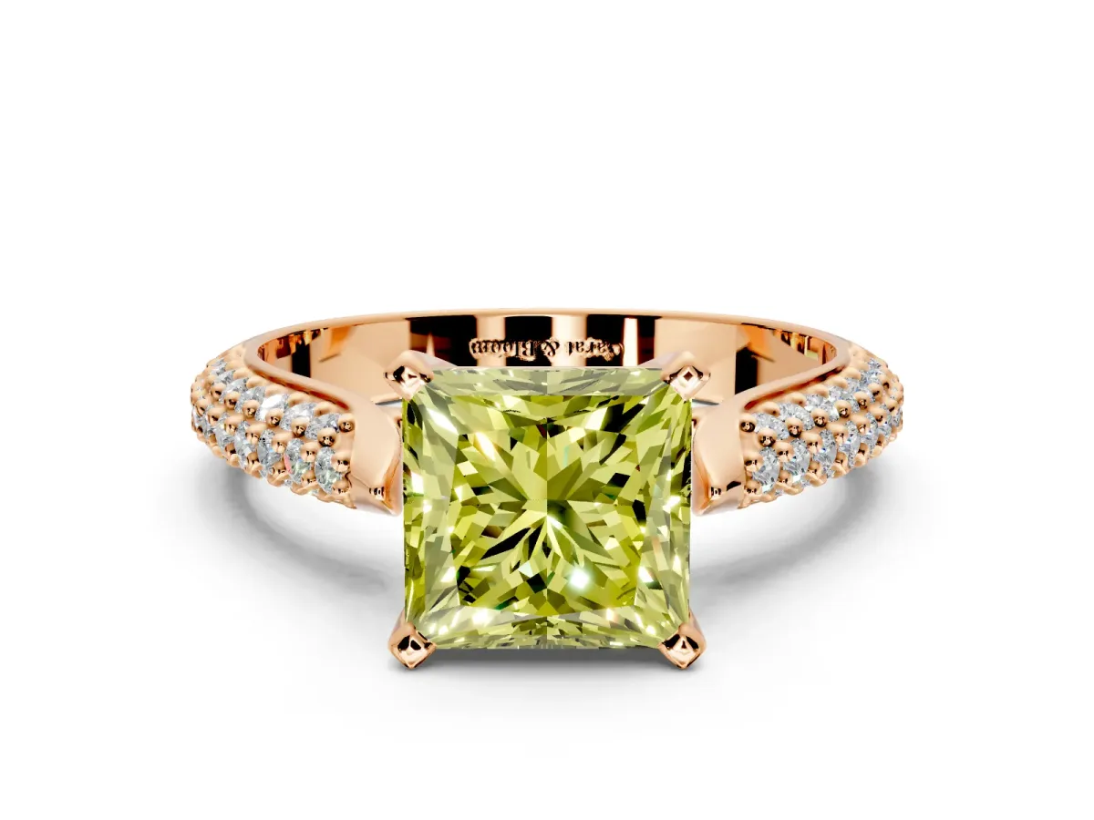 Solitaire Engagement Ring Setting for Fancy Yellow Princess Cut Center with Multi-Row Accents and Prong Head in Rose Gold